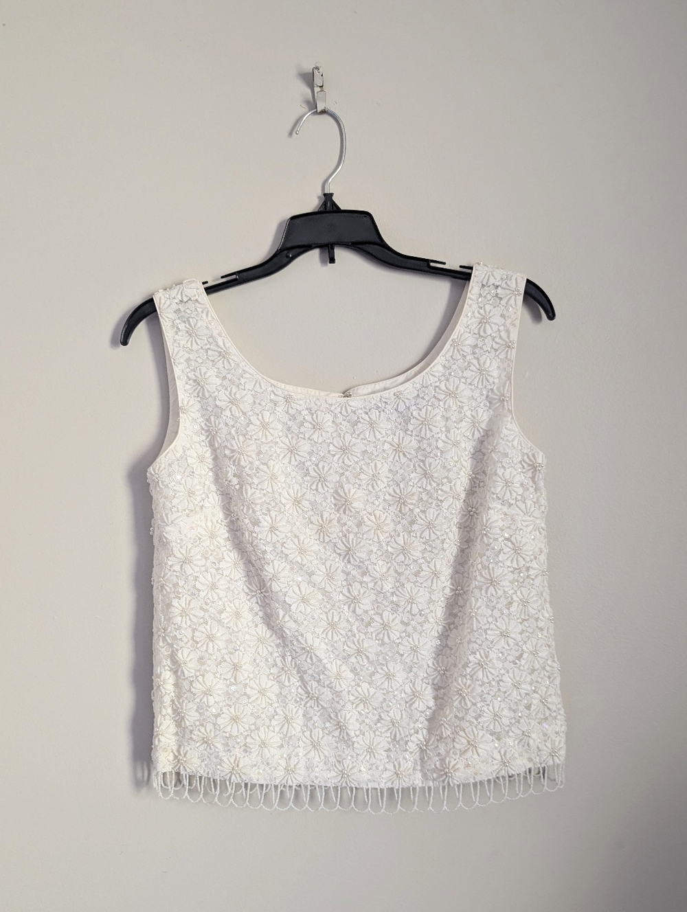 60s Vintage Everfit Co. Ivory Pearl Beaded Shell Cocktail Top with Fringe - Picture 4 of 10